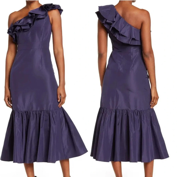 Rebecca Taylor One Shoulder Faille Silk Midi Dress Dark Violet Blue Ruffle NEW 2 - Picture 1 of 14